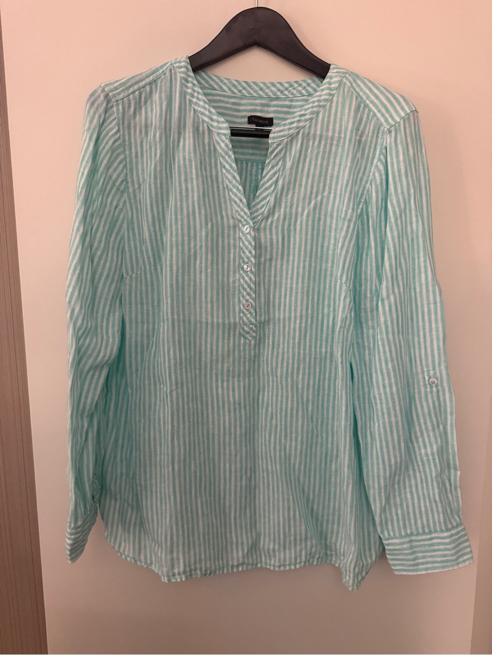Talbots 100% Linen Aqua White Striped Popover Tunic Blouse XL Coastal